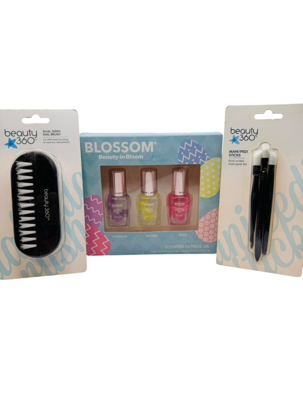 Beauty 360 Dual-Sided Nail Brush Mani/Pedi Sticks & Blossom Scented Cuticle Oil